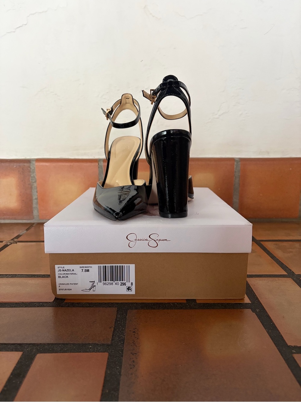 Jessica Simpson Black Patent Pointed Toe Ankle-Strap Block Heels - Picture 2 of 4